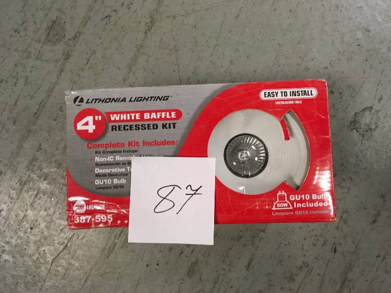 lot 87 image: Lithonia Lightning 4 White Baffle Recessed Kit not used