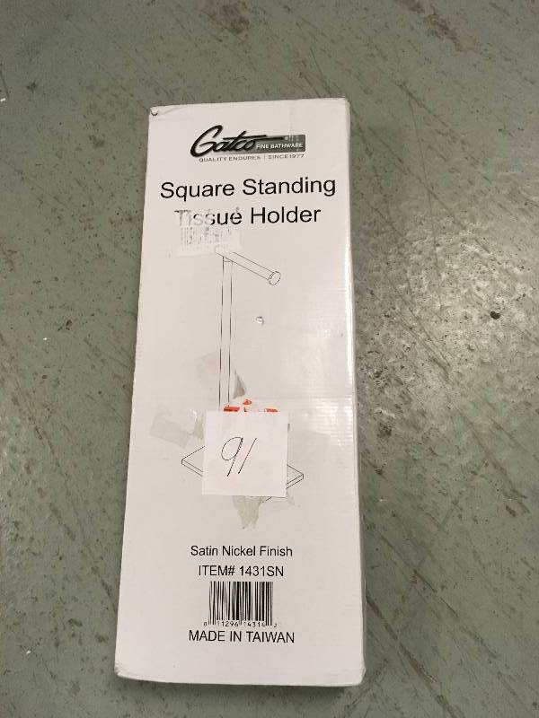 lot 91 image: Gatco Latitude II Square Free Standing Toilet Paper Holder in Satin Nickel not used