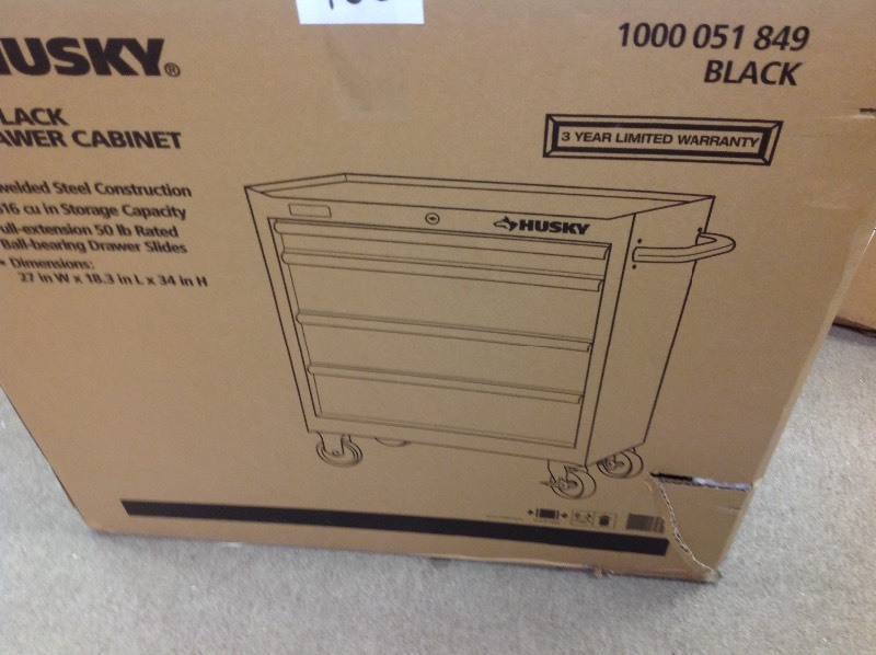 lot 108 image: HUSKY 27-inch W 4-Drawer Tool Cabinet in Black in good conditions