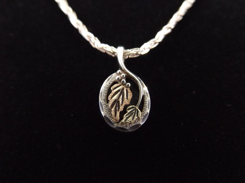 12k Black Hills Gold and .925 Sterling Silver Leaf Pendant Necklace
