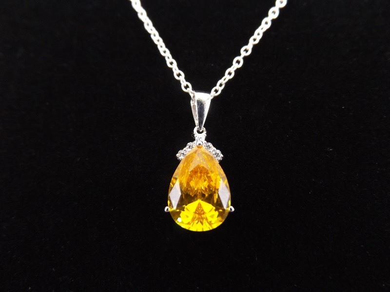.925 Sterling Silver Pear Cut Citrine Crystal Pendant Necklace