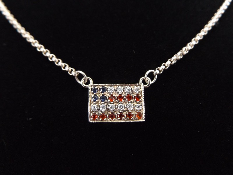.925 Sterling Silver US Flag Crystal Pendant Necklace