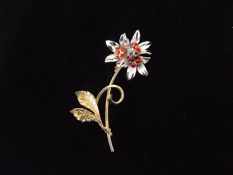 NEW .925 Sterling Silver Ruby Crystal Flower Duotone Brooch