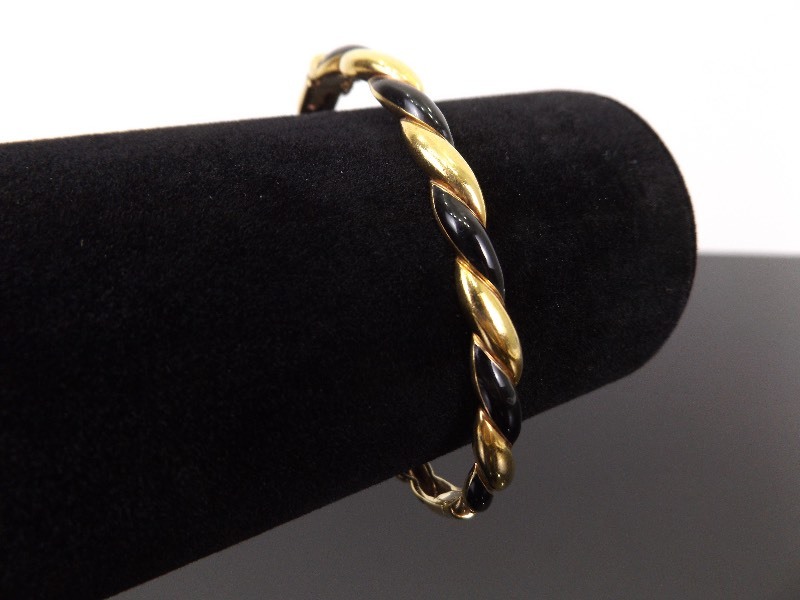 .925 Sterling Silver Black and Gold Rope Twist Vermeil Hinged Bangle Bracelet