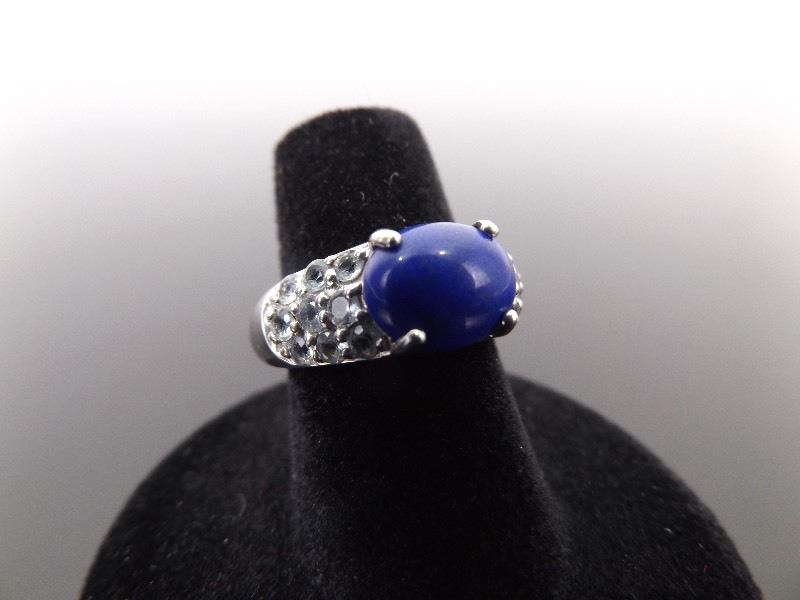 .925 Sterling Silver Lapis Cabochon and Crystal Ring Size 6.25