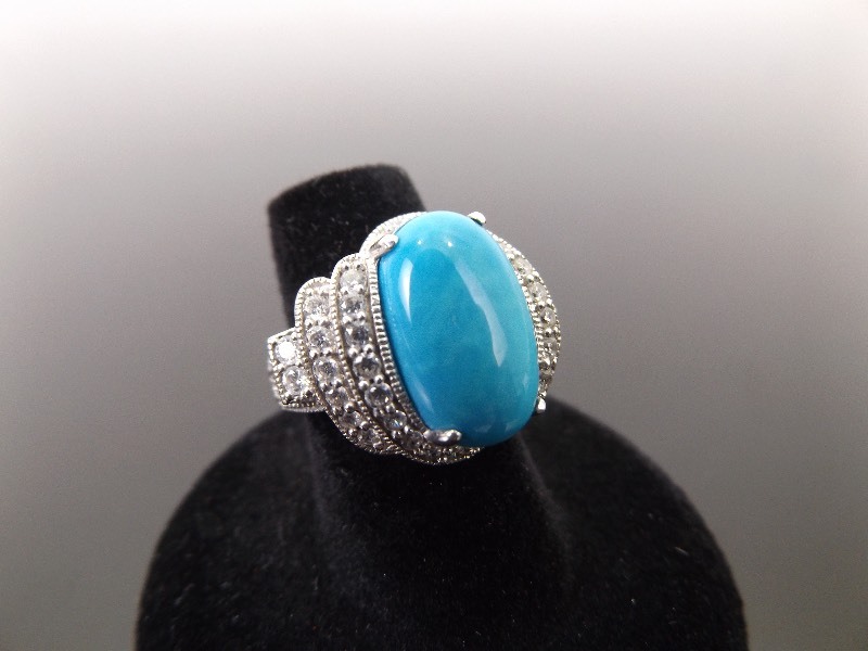 .925 Sterling Silver Turquoise Crystal Ring Size 6