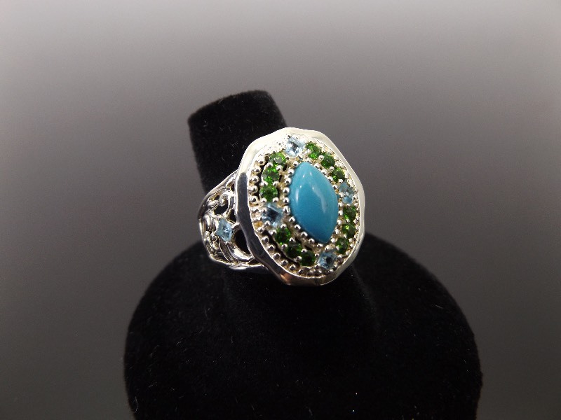 .925 Sterling Silver Turquoise and Crystal Ring Size 7.25