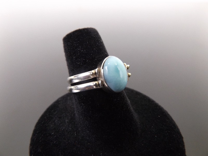 .925 Sterling Silver Reversible Amber and Larimar Cabochon Ring Size 7