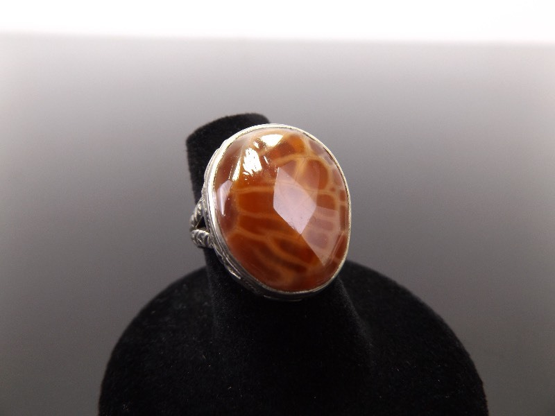 .925 Sterling Silver Agate Cabochon Ring Size 6