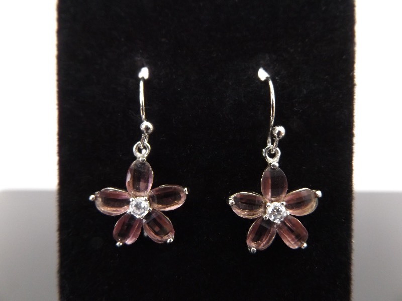 .925 Sterling Silver Amethyst Crystal Flower Hook Dangle Earrings