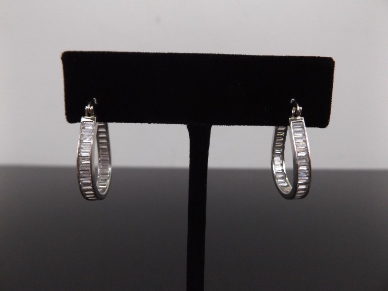 .925 Sterling Silver Crystal Baguette Hoop Earrings