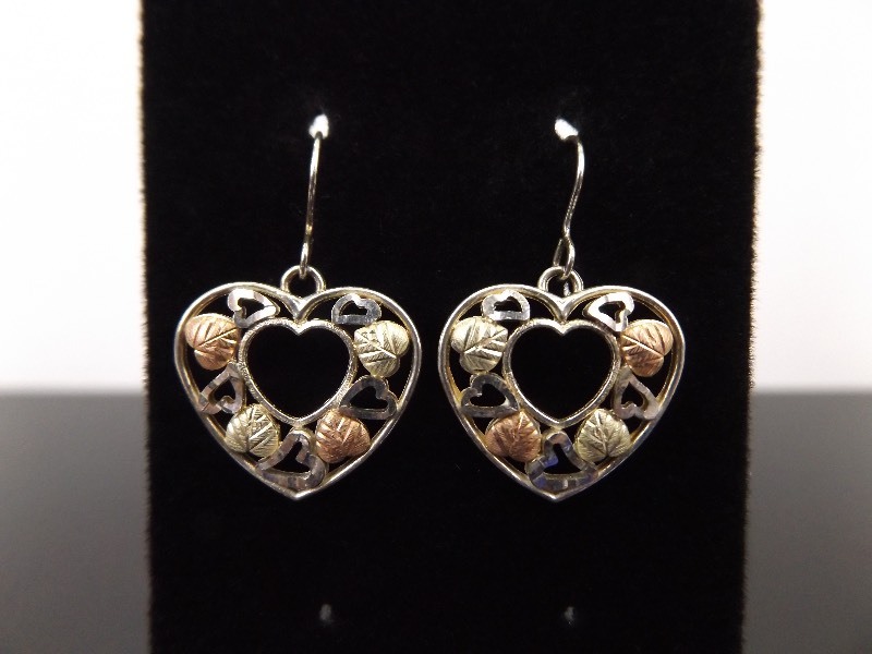 12k Black Hills Gold .925 Sterling Silver Heart Hook Earrings