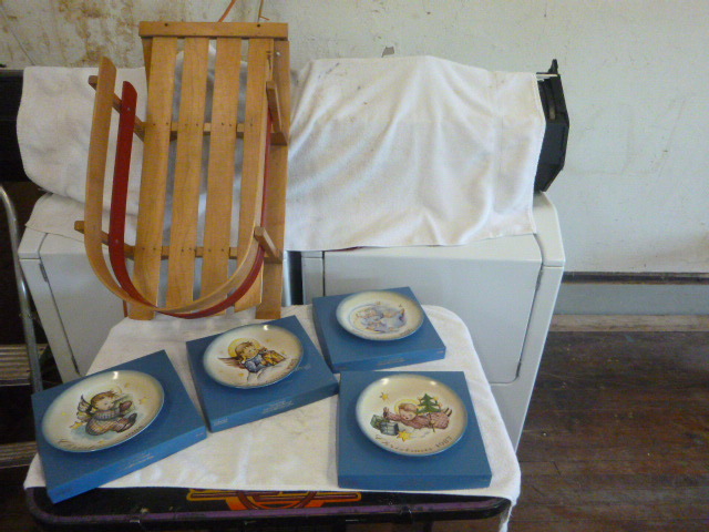 Berta Hummel Christmas Collector Plates and Small Wooden Sled