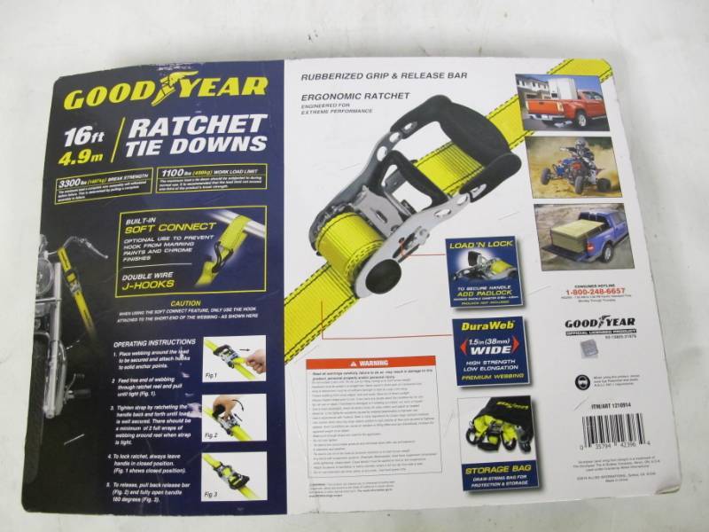 lot 10 image: 3 Pack of Goodyear 16 Foot Ratchet Tie Downs w Storage Bag