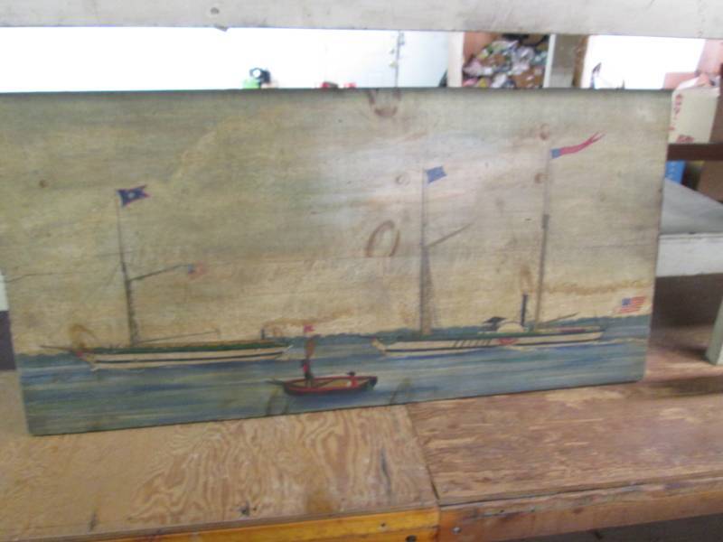 lot 63 image: Painting of Boats on Solid Wood Boa...