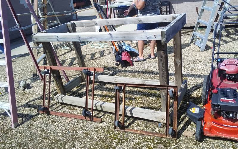 lot 12 image: 3-Flat Cart Equipment Movers & 1 Large Wood Stand On Wheels 76x35x46