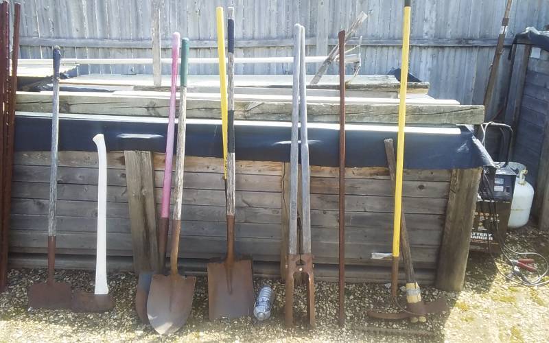 lot 14 image: 11-Implements (Spades, Shovels, Post Hole Digger, Scraper, Ax, Hard Rake)