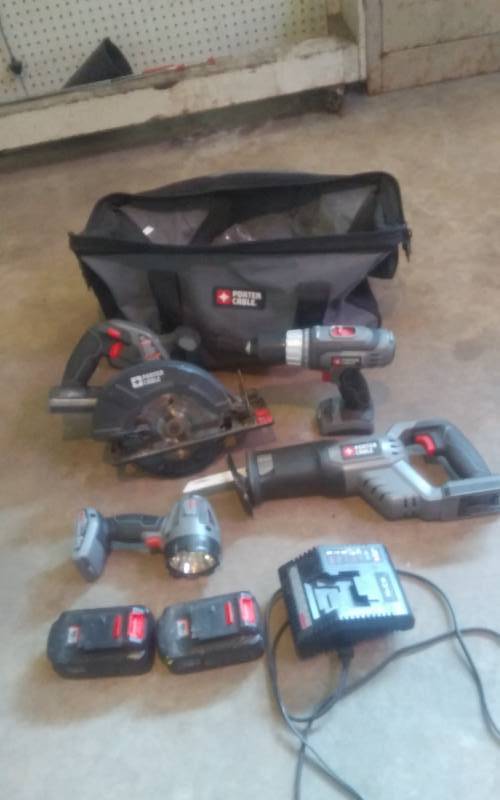lot 41 image: Porter Cable Rechargeable Circular Saw, Reciprocating Saw, Drill, Flashlight, Charger, 2-Batteries, Bag