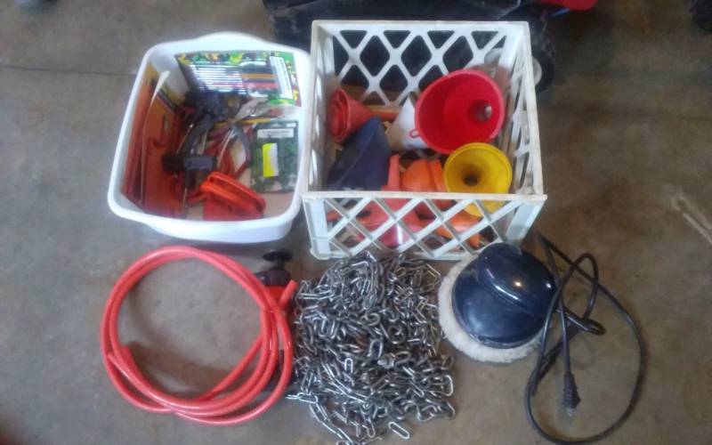 lot 44 image: Automotive Related Syphon Pump, Hose, Funnels, Chain, Buffer