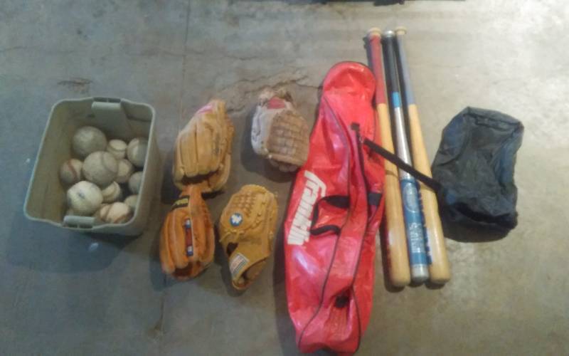 lot 71 image: Bin Of Soft Balls, Bats, Gloves, Bag