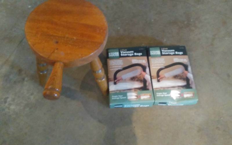 lot 80 image: 1-Vintage Wood Stool, 2-Pkgs Vacuum Storage Bags