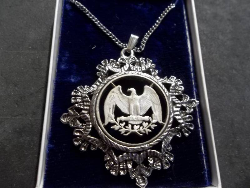 Silver Tone Necklace With Washington Reverse Eagle Centered With Case