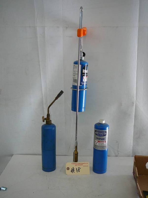 lot 18 image: Propane Weed Burner, Torch Head, & 3 Propane Tanks