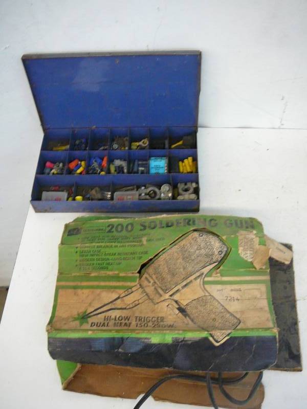 lot 31 image: Craftsman 200 Soldering Gun And Metal Box With Wire & Cable Ends