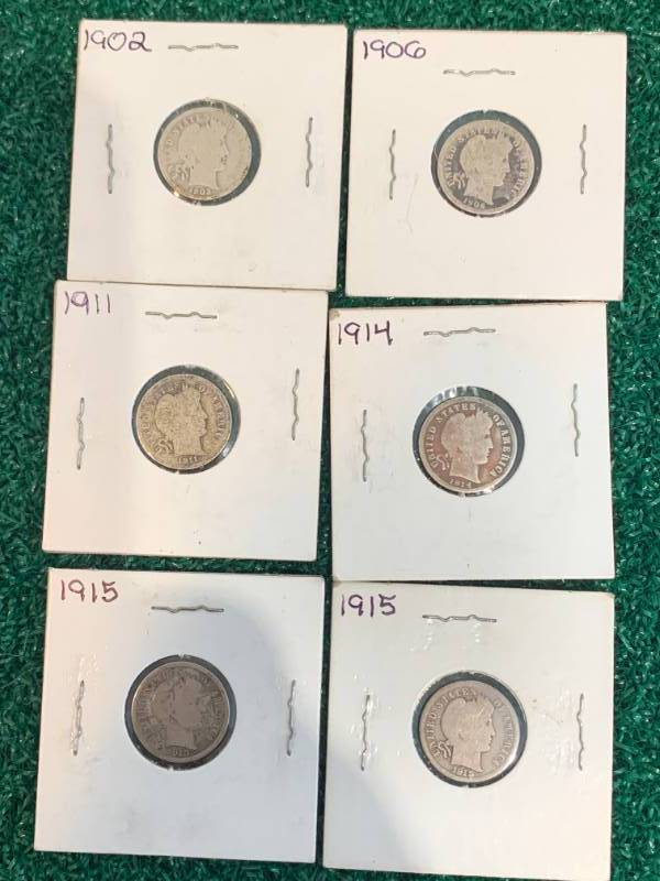 Lot of 6 Barber Dimes 1902,1906, 1911,1914, 2x 1915