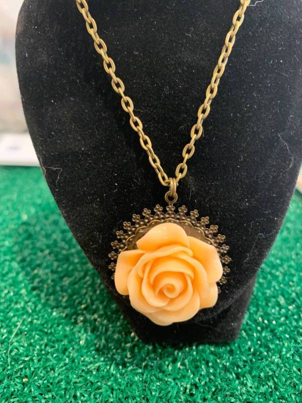 Antiqued Brass Peach Rose Necklace