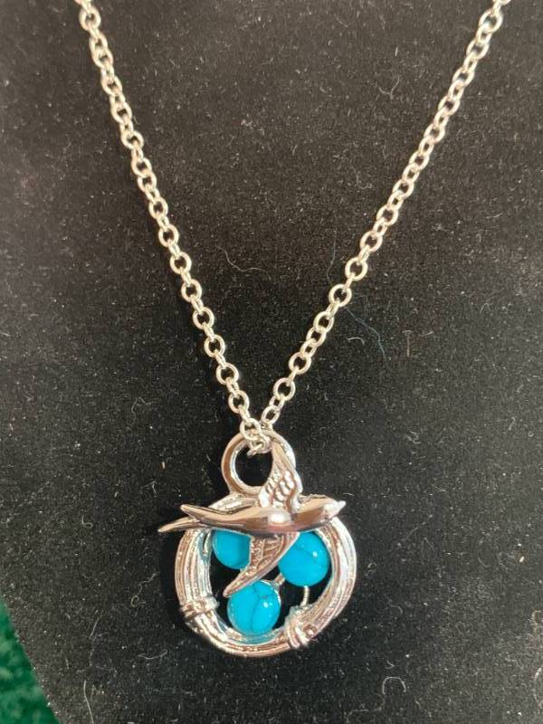 .925 SIlver Necklace Bird with Turquoise Eggs