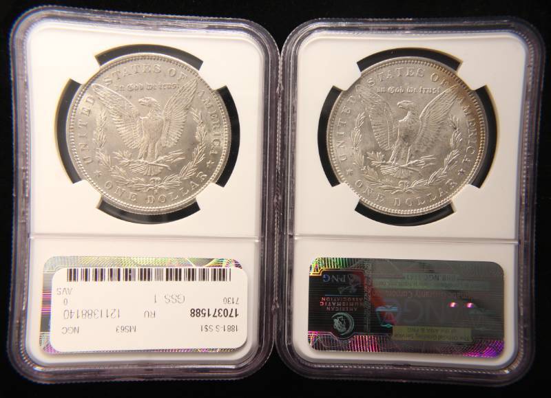 lot 02 image: 2 CERTIFIED MORGAN SILVER DOLLARS 1881-S & 1887 NGC MS63