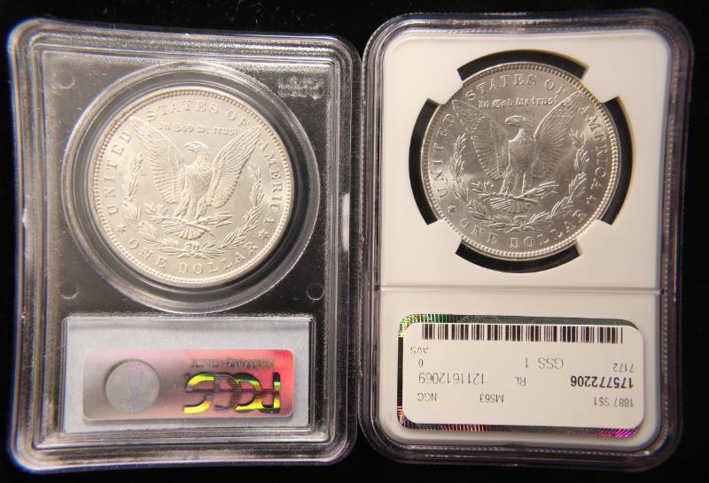 lot 04 image: 2 CERTIFIED MORGAN SILVER DOLLARS 1887 & 1896 PCGS-NGC MS63