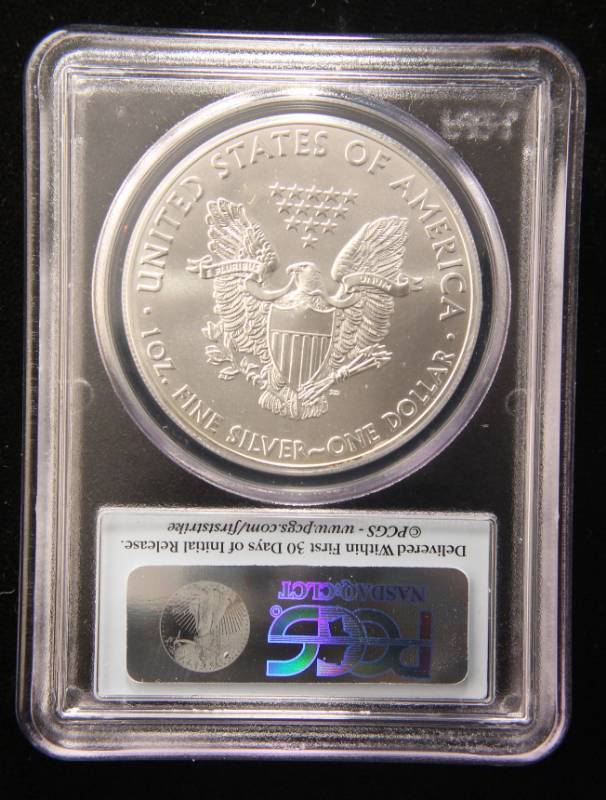 lot 28 image: 2012(W) AMERICAN SILVER EAGLE 1 TROY OZ. .999 FINE SILVER MS70 PCGS FIRSTSTRIKE