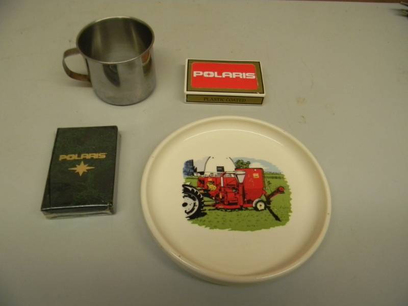 lot 112 image: Gehl - UTILITY DISH, NUTS, CANDY, ASH TRAY WITH 2 NEW DECKS OF POLARIS PLAYING CARDS & VINTAGE VOLRATH STAINLESS STEEL CUP - SEE PICTURES