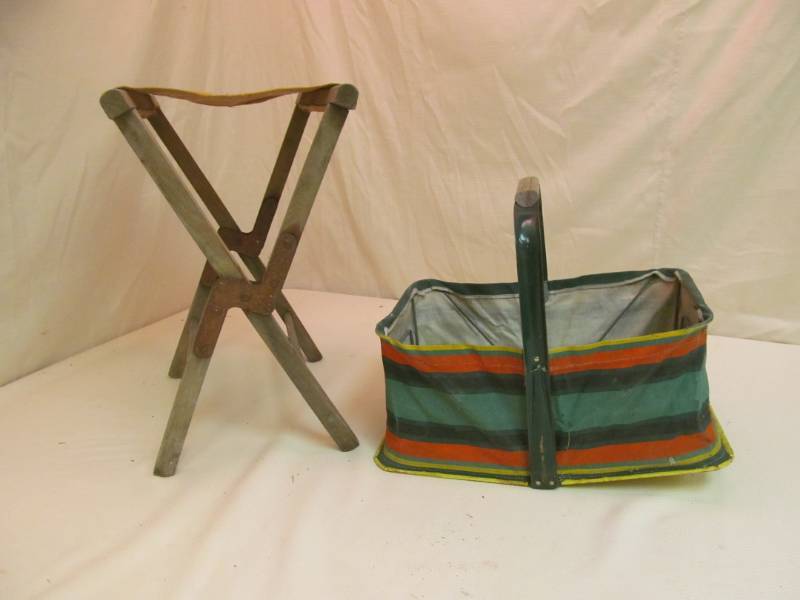 lot 149 image: Camp chair, vintage picnic basket...