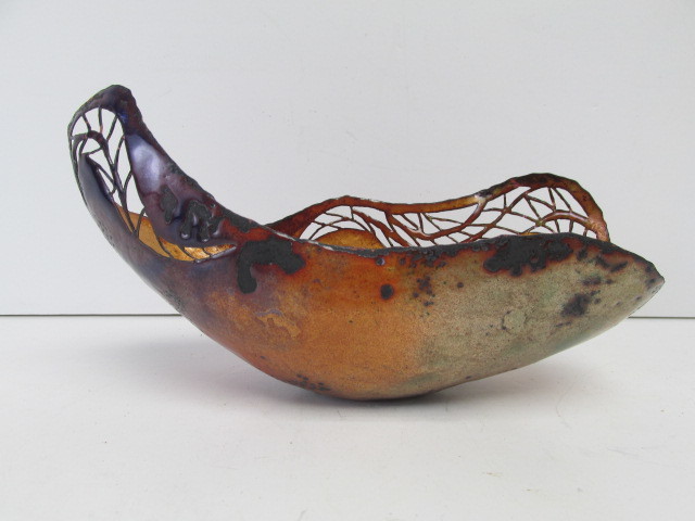 lot 12 image: Sculptural Torched & Pierced Copper Bowl