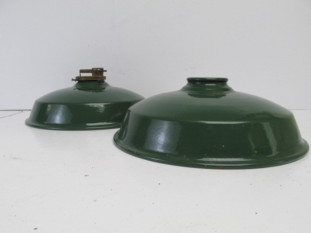 lot 20 image: Matching Pair of Vintage Industrial Green Enamel Light Fixture Shades