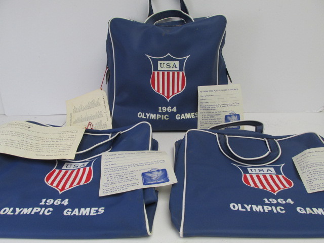 lot 25 image: 3 Vintage Unused 1964 OLYMPICS Airplane Travel Bags