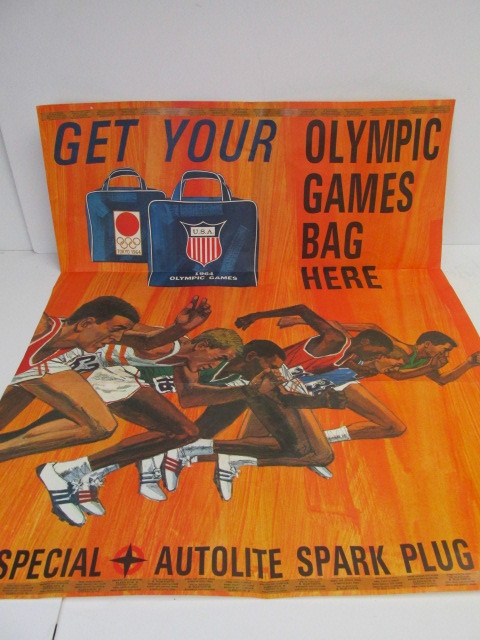 lot 26 image: Original 1964 OLYMPICS Travel Bag Autolite Spark Plugs Advertising Poster