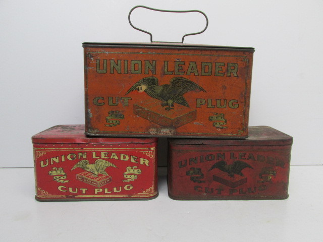 lot 49 image: 3 Antique UNION LEADER Tobacco Tins