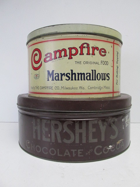 lot 51 image: Pair of Large Old Vintage Advertising Tins - Hersheys & Campfire Marshmallows 