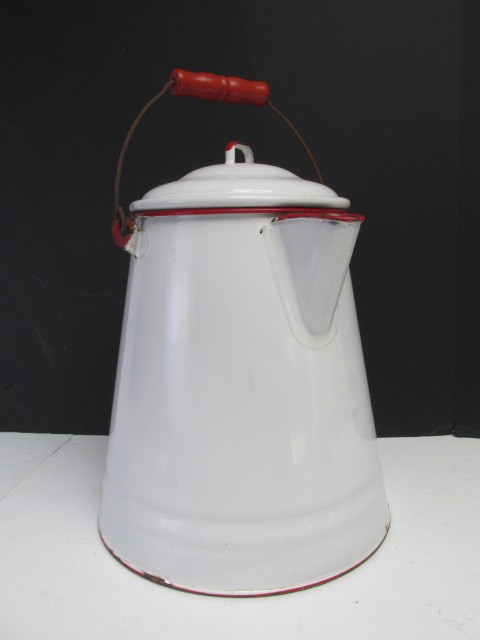 lot 53 image: NICE Vintage Large Red & White Enamelware Pitcher