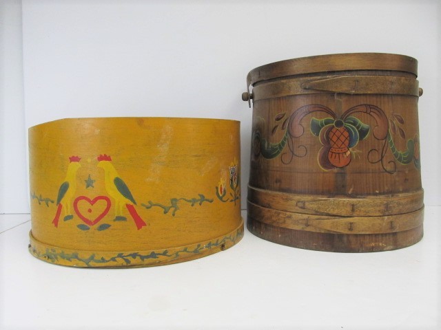 lot 63 image: Vintage Hand Painted Folk Art Firkin & Cheese Box