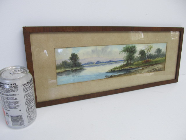 lot 84 image: Framed Signed Antique Watercolor Riverbank Scene Painting