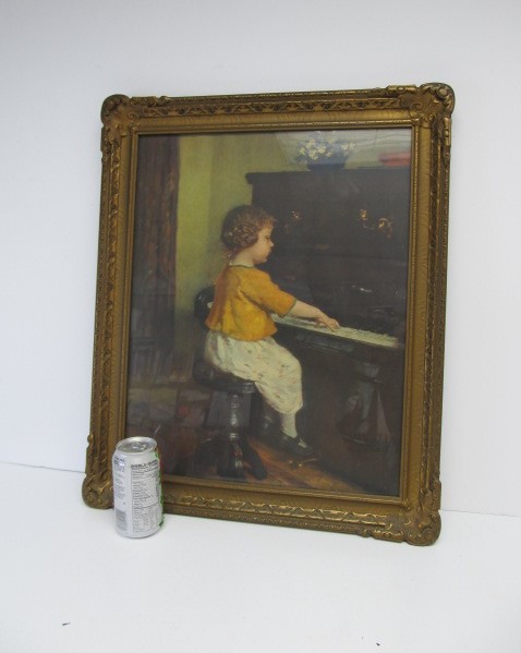 lot 85 image: Framed Antique Litho Print - Child Playing Piano