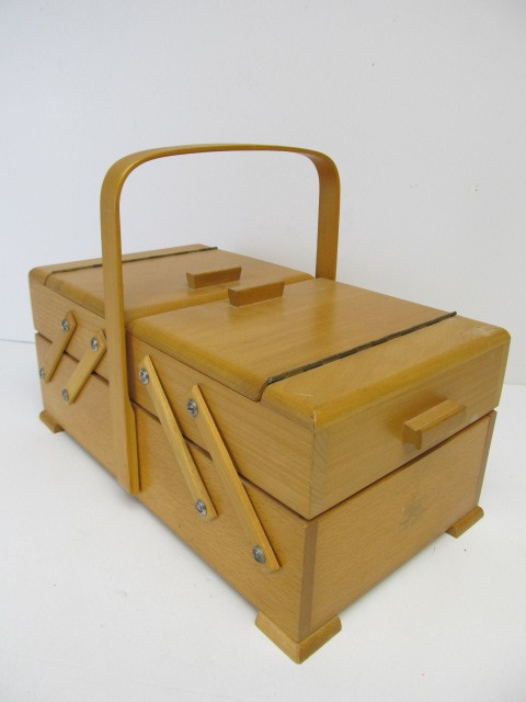 lot 91 image: Vintage Norwegian Folding Wooden Sewing Box
