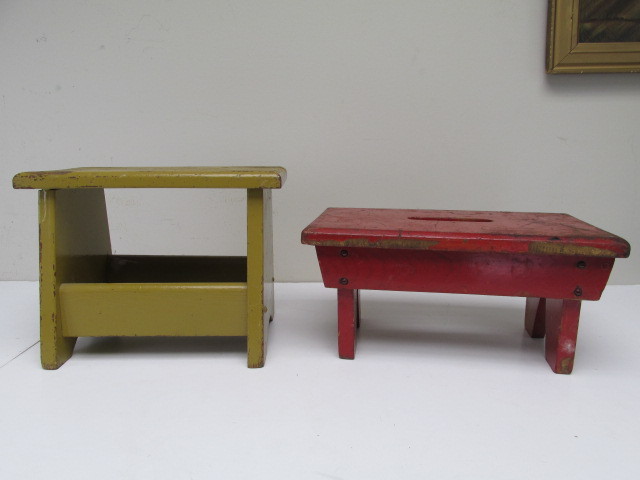 lot 110 image: 2 Old Vintage Painted Wood BenchesFootsools