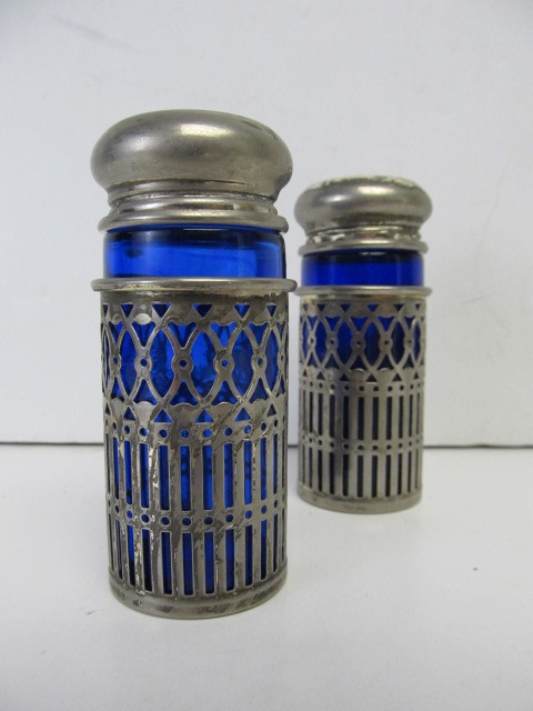 lot 156 image: Antique Cobalt Blue Glass Salt & Pepper Shakers wSilver Plated Holders