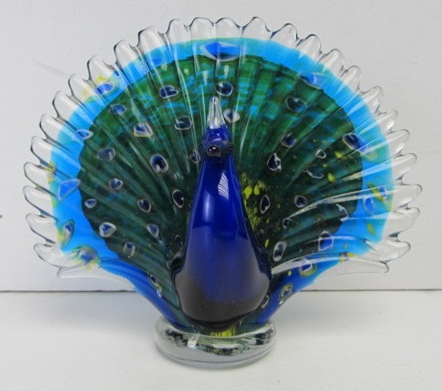 lot 157 image: Hand Blown Art Glass Peacock SculpturePaperweight